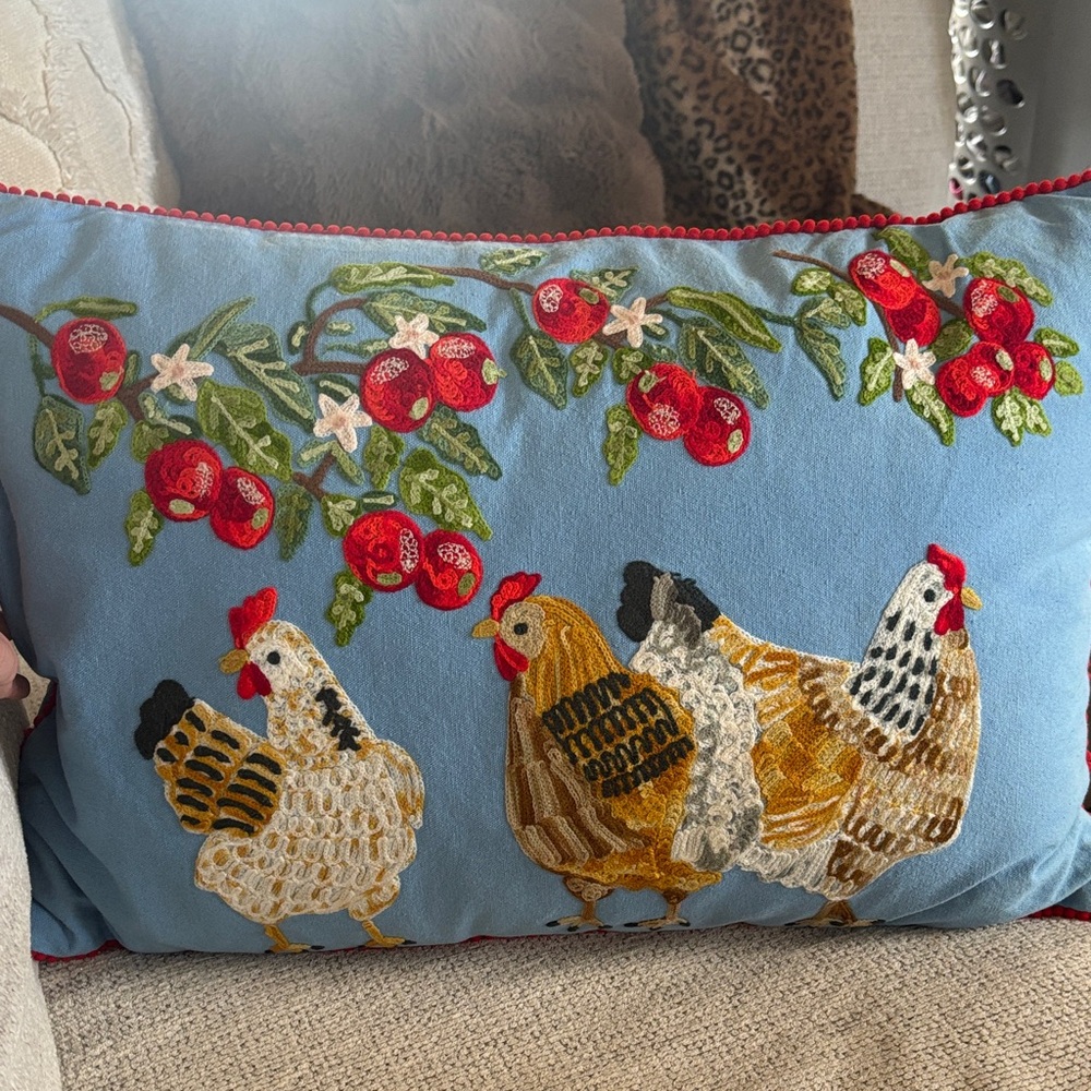 Festive Chicken Embroidered Pillow - Blue and Red